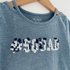 4/$20💥5/6 #SQUAD Flip Sequin T-Shirt, Little Cold Shoulder, Slate Blue & Silver
